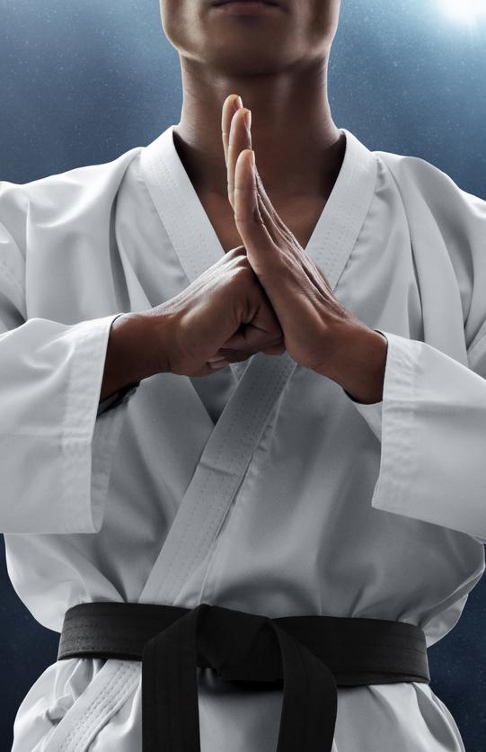 Karateka de cinta negra en posición de saludo
